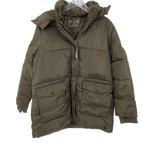 Lucky Brand Puffer Jacket Size L Parka Coat Quilted Fingertip Army Green Hooded - Picture 5 of 14
